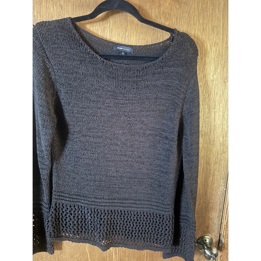 BCBGMAXAZRIA Brown Open Knit Crochet Long Sleeve Sweater Women Large RN 80734
